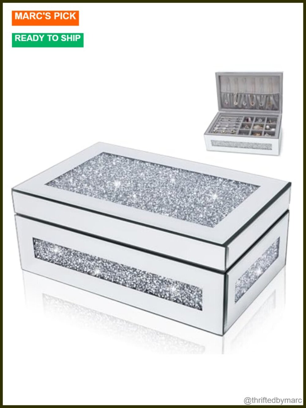 Crushed Diamond Mirrored Jewelry Organizer Box with Lid for Women